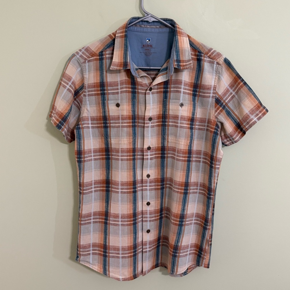 Kuhl men’s S plaid shirt, brown and blue short sleeve, hiking button up outdoors